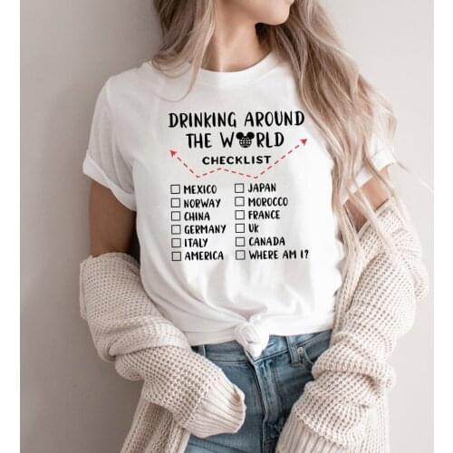 Drinking Around The World Checklist Shirt Epcot Drinking Wine and Food Unisex Tshirt Casual Print Graphic Tops for Women