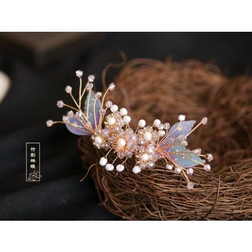 Lady vintage bead pearl crown lilac handmade hairgrips "U"hairpins sticks hanfu kimono cosplay
