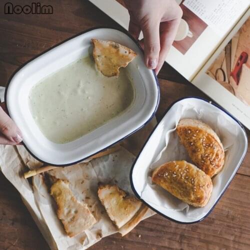 NOOLIM Red and Blue Thin Section Rounded Rectangle Enamel Tray Home Retro Dishes Baked Rice Grill Plate Dinnerware