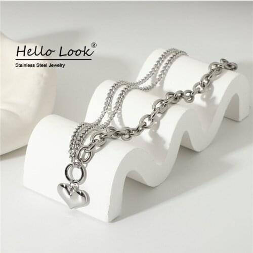 HelloLook Stainless Steel Necklaces For Women Double Layer Cuban Chain Stitching Heart Pendant Necklace Choker Cubana Jewelry