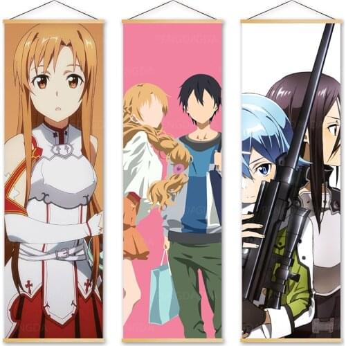 Print Pictures Sword Art Online Canvas Home Decor Poster Wooden Scroll Hanging Painting Hot Animation Wall Art For Living Room