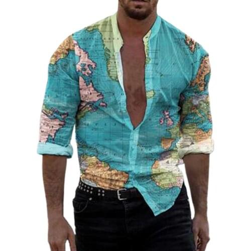 Casual Shirt Map Print Cool Breathable Long Sleeve Buttons Closure Men Shirt for Vacation Mens Casual Shirts Fashion 2021