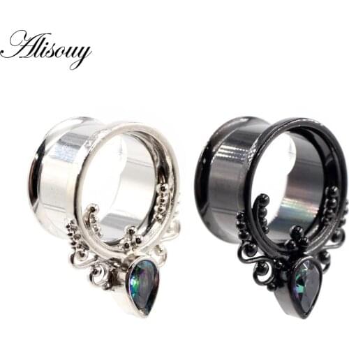 Alisouy 2pcs Punk Stainless Steel Water Drop Zircon Ear Tunnels Plugs Ear Expander Flesh Gauges Stretchers Body Piercing Jewelry