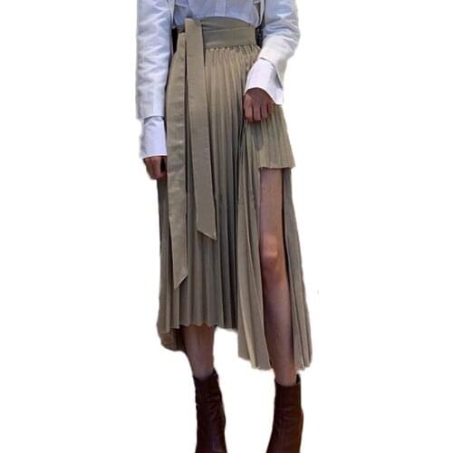 Temperament Peated Lace-Up Solid Skirt Fashion High Waist Asymmetrical Design Skirts 2021 New Spring Md-long Faldas