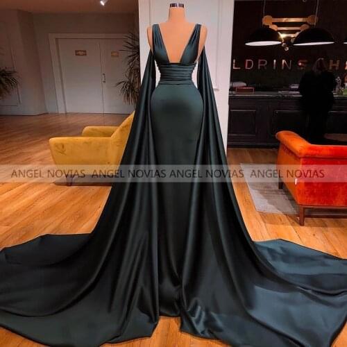 ANGEL NOVIAS Long Blackish Green Arabic Mermaid Evening Dresses 2021 with Cape Women Formal Prom Gowns Vestidos De Fiesta