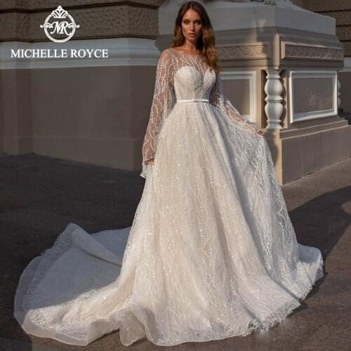 Michelle Royce A-Ling Wedding Dresses 2020 Scoop Illusion Flare Sleeve Fairy Button Chapel Train Bridal Gowns Vestido De Noiva