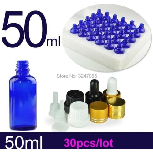50ML 30pcs Glass Empty Blue Cosmetic Essential Oil Refillabe Bottle, Portable Perfume Dropper Package, Glass Pipettes Package