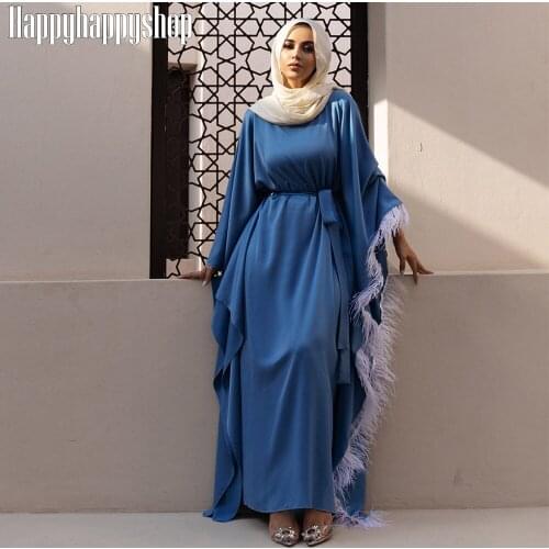 African Dresses Women Oversized Feather Patchwork Dress Bat Sleeve Muslim Islamic Kaftan Abaya Jilbab Arab Burqa Robe Party Gown