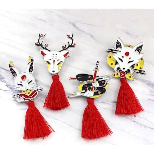 HOSENG Cartoon Chinese Style Red Tassel Brooch Fox Deer Rabbit Animal Corsage Jewelry Women Man Wedding Luxury Pin HS_353