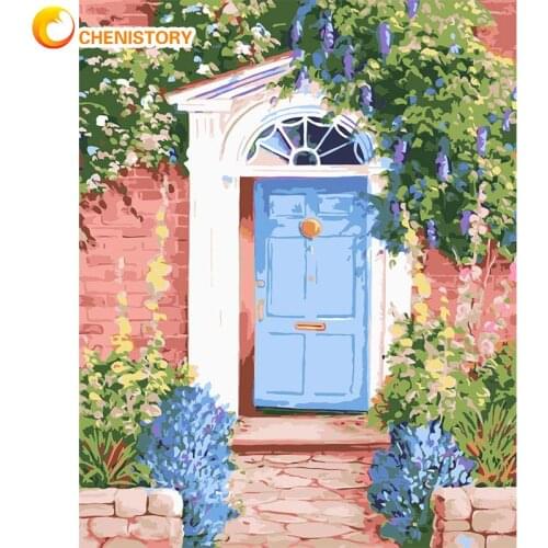 CHENISTORY 60x75cm Framed Blue Door With Flower Oil Painting By Numbers Kits For Adults Handmade Diy Framed On Canvas Decor