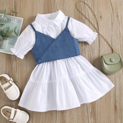 Toddler Girls White Dress Flare Sleeve Spring 2021 Kids Denim Vest and Shirt Dresses Children Casual Clothes for 1 2 3 4 6 Years