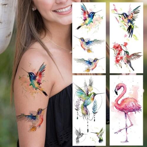 Hummingbird Temporary Tatroos For Women Kids Watercolour Tattoo Fake Flamingo Realistic Body Art Waist Ear Flower Tatoo Leaf DIY