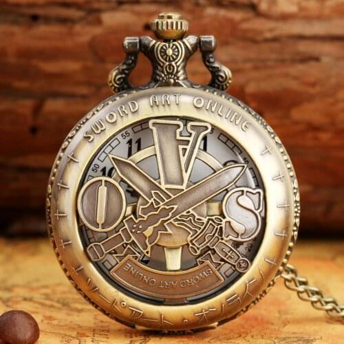 Bronze Antique Carving SWORD ART ONLINE Pocket Watch Quartz Pendant Chain Watches Unisex Fob Necklace Clock relojes de bolsillo