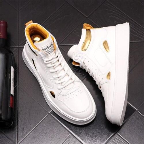 White Leather Men High Tops Casual Skateboard Shoes Hip Hop Flats Punk Designe Luxury Sneakers Zapatillas Hombre
