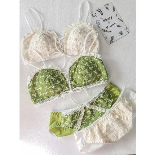 Cute Lace Trim Womens Japanese Bra & Panties Set Cotton Wirefree Soft Underwear Embroidery Trim Sleep Intimates Set Lolita