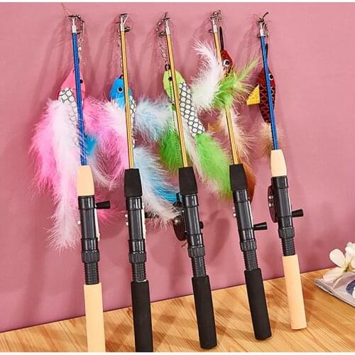 Random Color Cat Wand Toy Extendable Funny Cat Teaser Wand Cat Fishing Pole Interactive Toys Training Toy for Indoor Cats