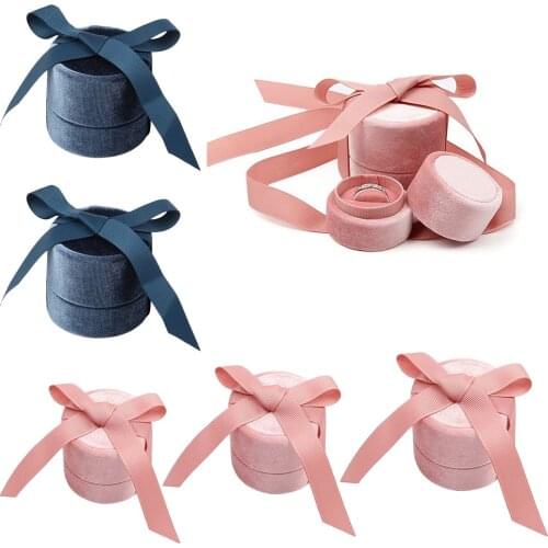Round Velvet Jewelry Storage Box Bowknot Women Ring Pendant Display Storage Case