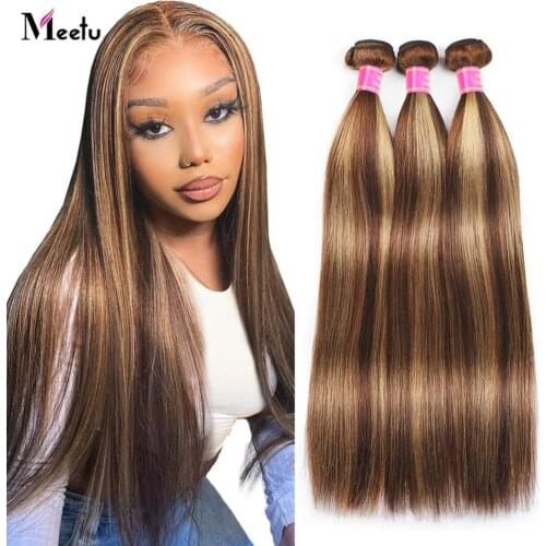 Meetu Color 4 27 Brazilian Ombre Hair Bundles Bone Straight Human Hair Bundles Brown Highlight Color Remy Hair Weave Bundles
