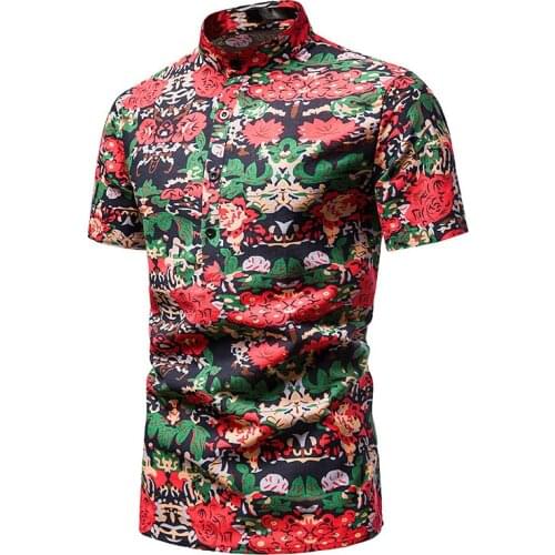 Fashion Hawaiian Print Stand Collar Short Sleeve Shirt Mens Casual Loose Beach Print Shirt 2021 Mens Clothing Shirt Tops