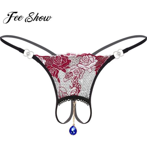 Men Rhinestone Pendant Flower Embroidery Thong T-back Open Crotch Sissy Panties Underpants Crotchless Open Butt Briefs Underwear