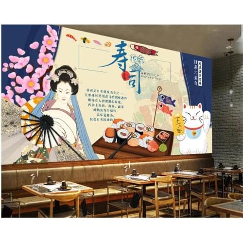 Custom photo mural 3d wallpaper Japanese sushi restaurant kimono beauty singer lucky cat restaurant room wallpaper for walls 3 d