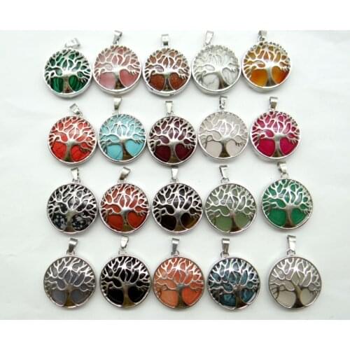 Natural tiger eye Stone Turquoises Quartz Crystal Tree of Life Round pendant for diy Jewelry making necklace accessories 10pcs