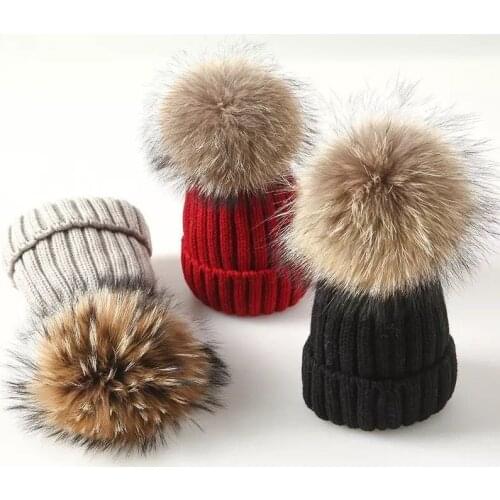 New Winter Knitted Beanies Cap Hat Thick Women Brand Female Fur Pom Poms hat Skullies Beanies Winter Hat For Women Girl 's Hat