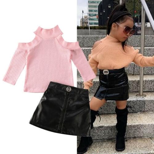 1-5Y Infant Baby Girls Long Sleeve Off Shoulder Pullover Sweater Kid Knit Tops Girl PU Skirt Children Outfit Kids Clothes Sets