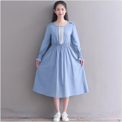 Spring autumn cotton linen dress new fashion long sleeve green blue elegant dress vestidos mujer 2018