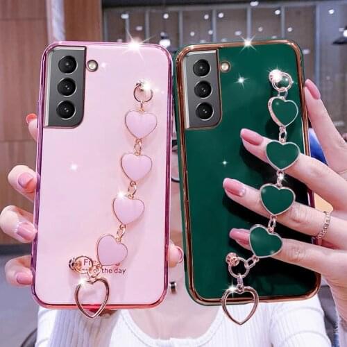 Luxury Gold Plated Bracelet Heart Chain Cover for Samsung Galaxy S20 FE S21 S30 S10 S9 Plus + Lite Ultra Soft Case