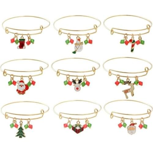 Christmas Bracelet Gold Color Tree Sock Deer Santa Claus Charm Expandable Wire Bracelet Adjustable Wire Wrap Cuff Bangle