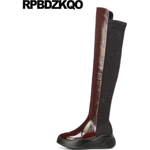 Platform Fur Muffin Elevator Flatform Over The Knee Side Zip Boots Harajuku Shoes Tall High Patent Leather Wine Red Long Women