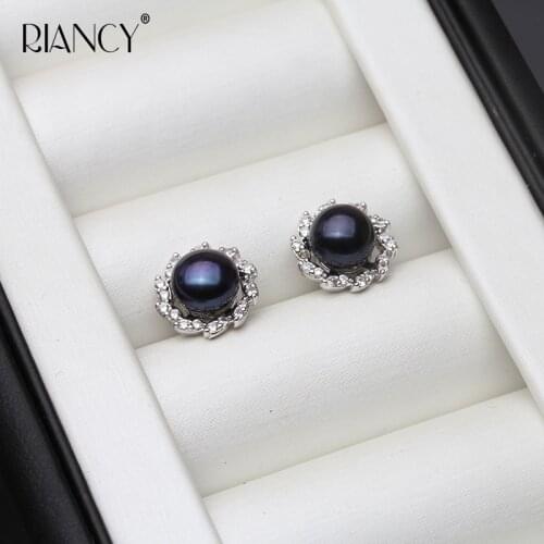 Fashion Natural Freshwater black Pearl stud earring Shiny zircon For Women wedding engaged gift