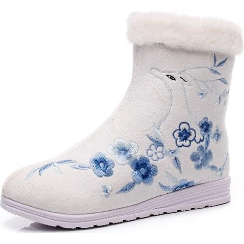 Autumn Winter Women Warm Short Boots Booties with Zippers Chinese Flower Deer Embroidered Shoes Woman
