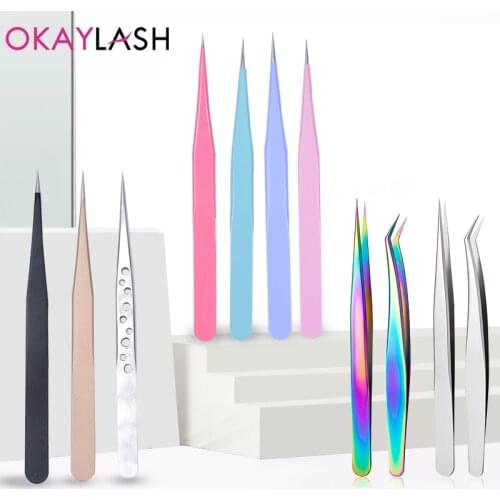 OKAYLASH Stainless Steel Tweezers for Eyelash Extension Anti-Static Precision Pliers Graft Perm Lashes Applicators Tools
