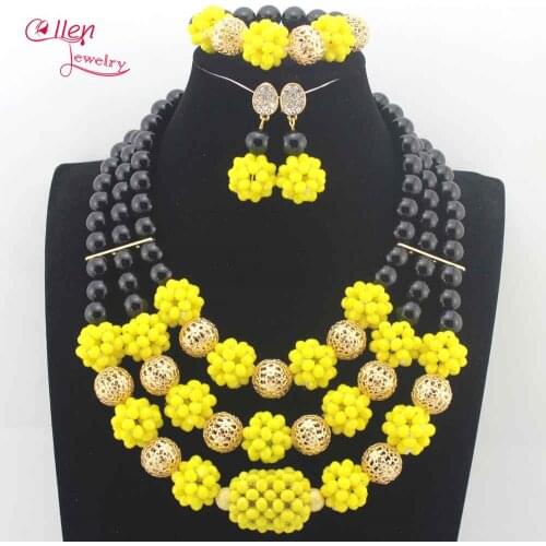 Fabulous Yellow Crystal Balls Wedding Jewelry Set Black Bridal Indian Jewellery Necklace Set New 2017 N0070