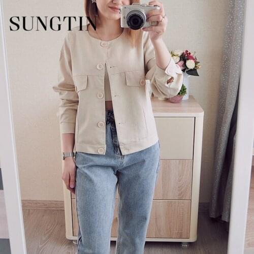 Sungtin Korean Linen Cotton Jacket for Womens Vintage Casual Solid Loose Outerwear Soft Harajuku Elegant Coats and Jackets 2021