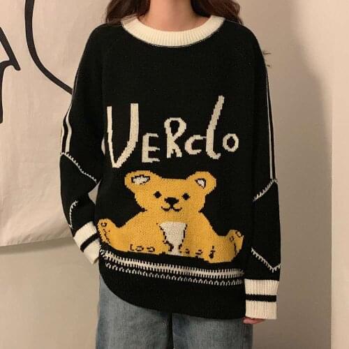Lazy Retro Loose Sweater Outer Wear Pullover Round Neck Color Stitching Bear Sweater Female Tide 2021 Spring And Autumn New