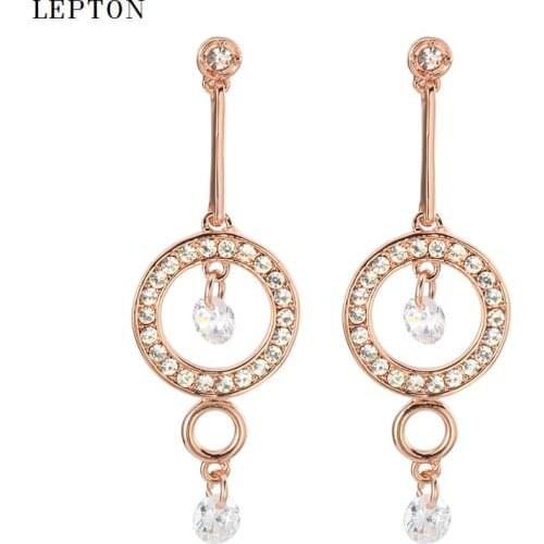 Lepton Austrian Crystal Rhinestone Dangle Drop Earrings for Women Rose Gold Color High quality Cubic Zirconia Bridal Jewelry