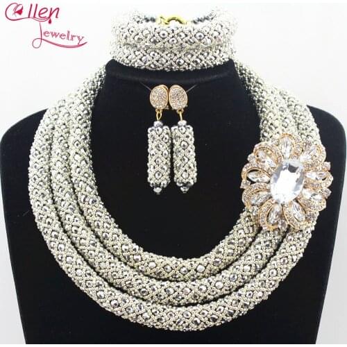 Nigerian Wedding Bridal Jewelry Sets African Beads Jewelry Set Handmade Stylish Choker Necklace Sets Bracelet Earrings N0011
