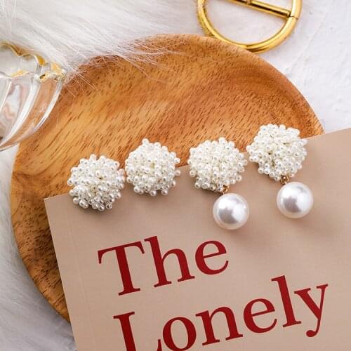 MENGJIQIAO 2019 New Arrival Handmade Simulated Pearl Flower Ball Big Stud Earrings For Women Fashion Bijoux Wedding Oorbellen