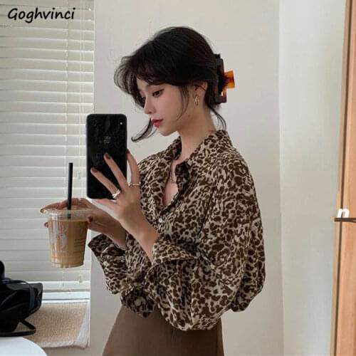Women Blouses Leopard Casual Turn-down Collar Loose Korean Style Female Shirts Button Up Fashion Oversize Autumn Tops Simple INS
