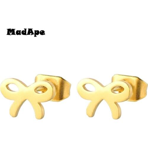 MadApe Stainless Steel Bowtie Stud Earrings 2019 Fashion Bowknot Earrings For Women Gold Color Small Earrings Ear Aretes