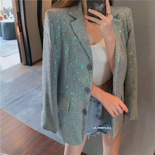 2021 Spring Autumn Korean Blazer Women New Loose Suit Sequined Single Breasted Small Blazer Coats Women Fashion Streetwear XZ69