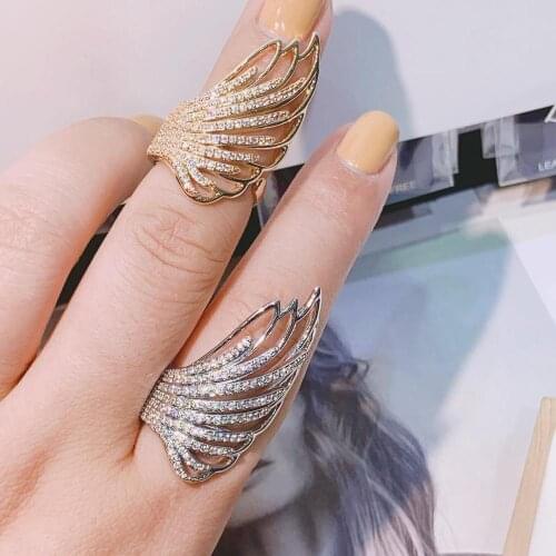HIBRIDE Wing Feather Design Long Full Finger Luxury Cubic Zircon Women Wedding Engagement Party Wrap Ring Jewelry Bijoux R-172