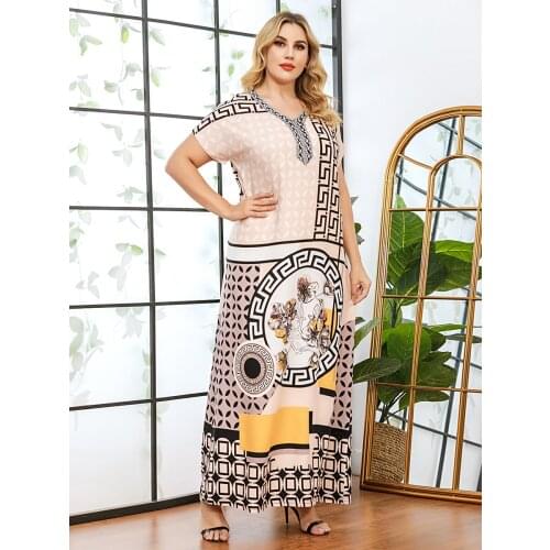 Plus Size Print Maxi Dress for Women Summer Rayon Cotton V Neck Short Sleeve Indie Folk Casual Arabic Clothes 2021 New