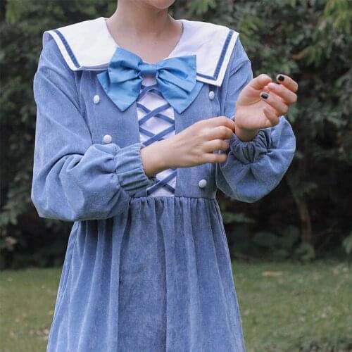 Blue Corduroy Y2k Dress Women 2021 Spring Autumn New Navy Collar Bow Long Sleeve Dresses Female Dropshipping