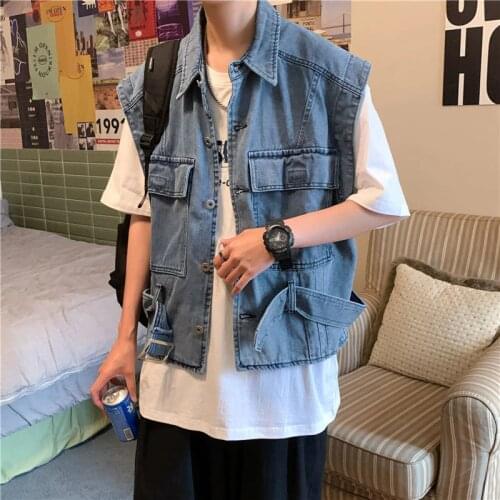 Vest Men Sleeveless Jean Jacket Single Breasted Pocket Decoration Casual Youth Slim Gilet Sport Tidal Current College Best