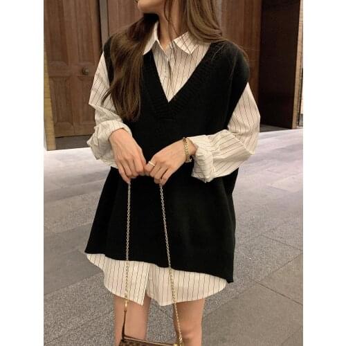 2021Women Vest Sweater Casual V Neck Sleeveless Autumn Winter Jumper Knitted Korean Style Pullover Loose Striped Tops Spring