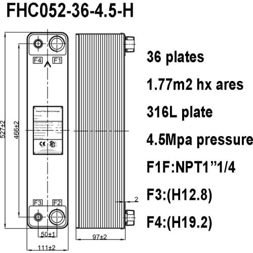 052 Series 1.77m2 Stainless Steel PHE 36 Plates 4.5 Mpa Pressure Brazed Plate Heat Exchanger